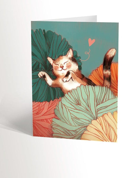 Carte de souhait chat dormant dans les balles de laine - Valérie Boivin - Marie fil