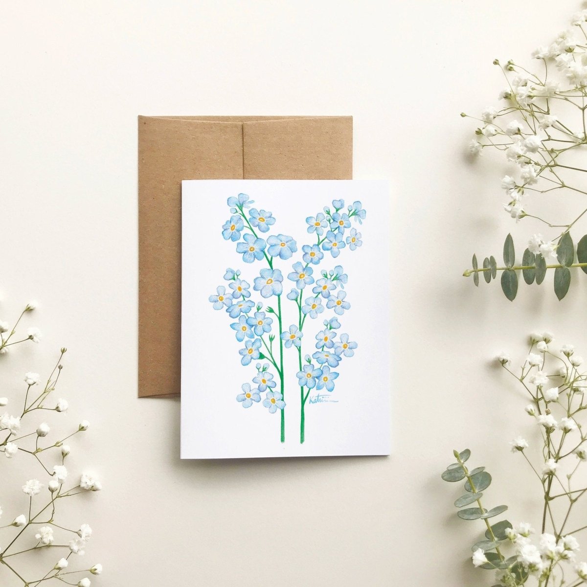 Carte de souhait - fleurs de myosotis par Katrinn Pelletier Illustration - Marie fil