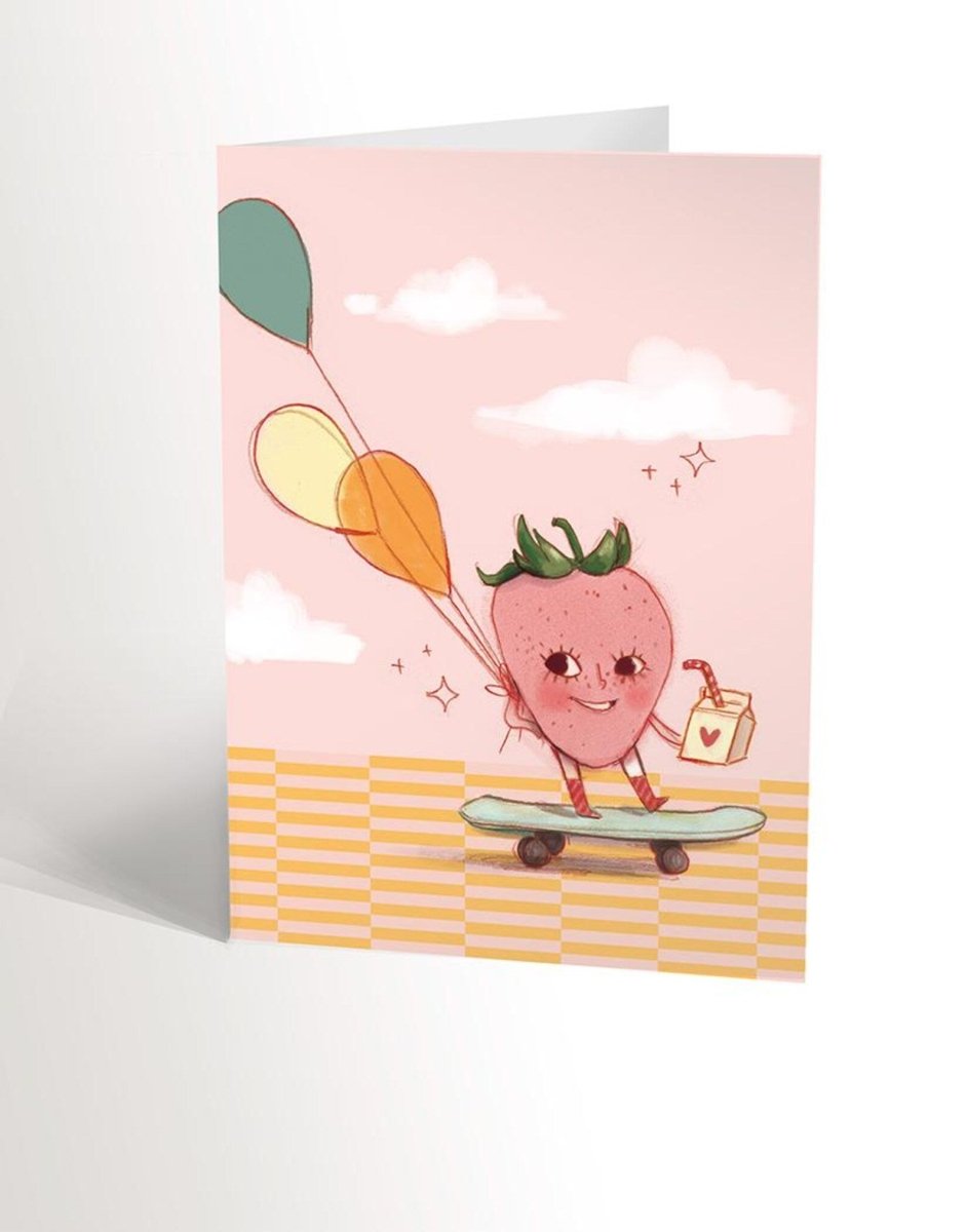 CARTE DE SOUHAIT fraise roulant en skate - Valérie Boivin Illustrations - Marie fil