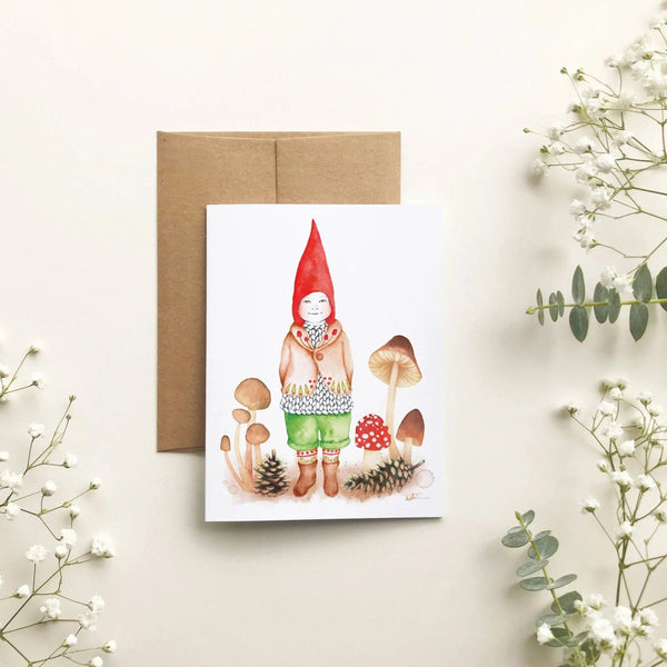 Carte de souhait - Lutin enchanteur et ses champignons par Katrinn Pelletier Illustration - Marie fil