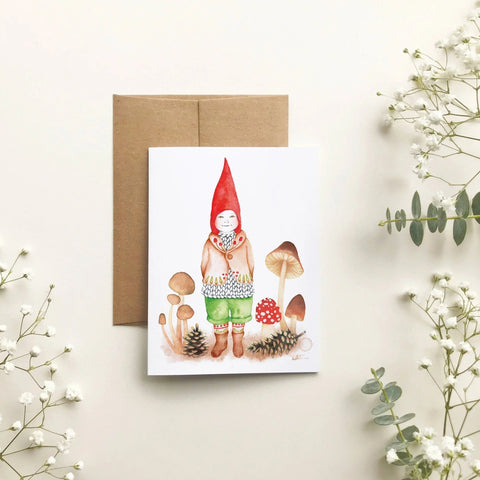 Carte de souhait - Lutin enchanteur et ses champignons par Katrinn Pelletier Illustration - Marie fil