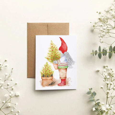 Carte de souhait - lutin et ses sapins par Katrinn Pelletier Illustration - Marie fil