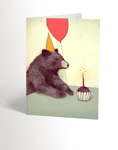 Carte de souhait vintage ours et son gâteau - Valérie Boivin Illustrations - Marie fil