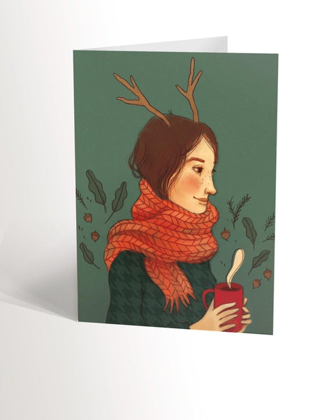 Carte de souhaits jeune femme emmitouflée - Valérie Boivin Illustrations - Marie fil