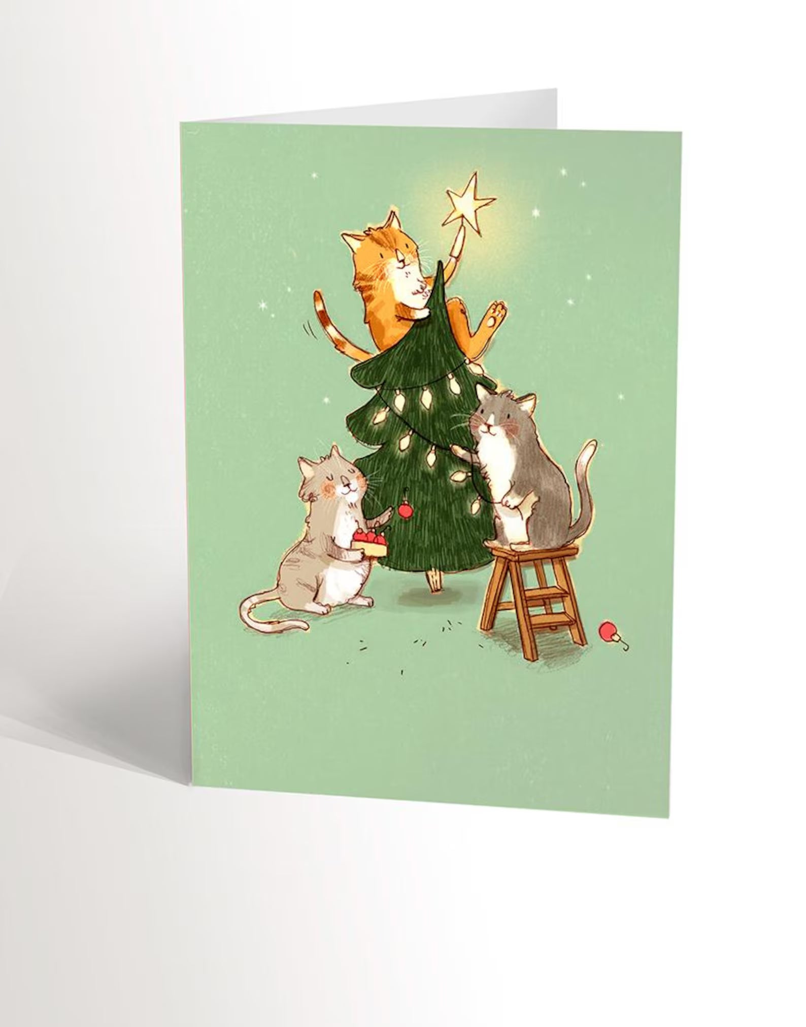 CARTE DE NOËL trois chats qui décorent un sapin de Noël - Valérie Boivin Illustrations